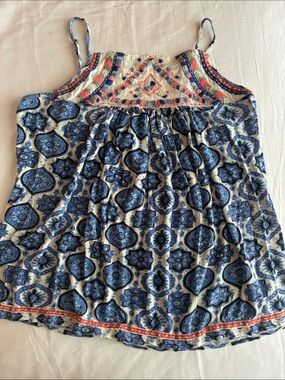 Lucky Brand Girls Blue & Cream Patterned Tank with Coral Trim
